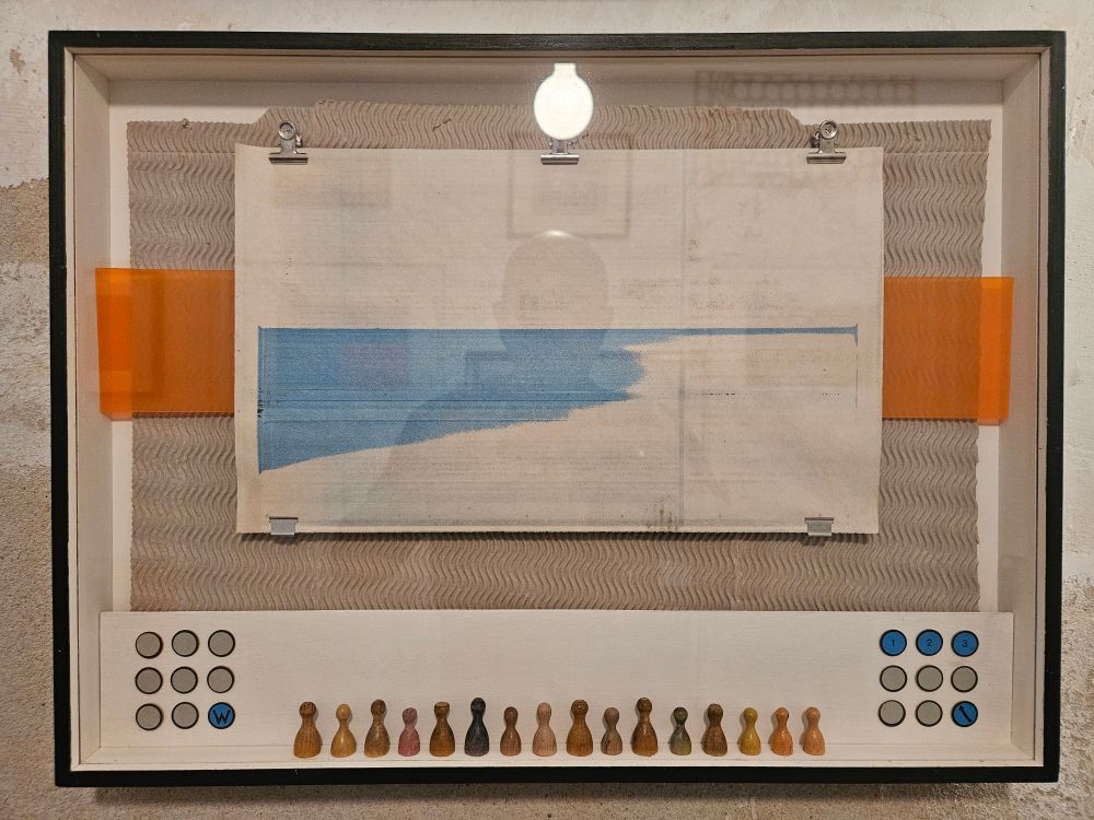 Das Bild zeigt einen rechteckigen Rahmen mit einer Glasfront. Im oberen Bereich des Rahmens befindet sich eine Lichtquelle, die den Inhalt beleuchtet. In der Mitte des Rahmens ist ein Blatt Papier angebracht, das mit zwei Klammern befestigt ist. Auf dem Papier ist eine blaue Fläche abgebildet, die an einen Wasser- oder Himmelshorizont erinnert. Unterhalb des Papiers ist ein orangefarbener Streifen sichtbar, der horizontal verläuft. Im unteren Teil des Rahmens sind mehrere kleine Figuren in zwei Reihen angeordnet. Die Figuren sind in verschiedenen Farben gehalten, darunter braun, beige, blau und schwarz. Die Anordnung der Figuren erfolgt in einer symmetrischen Form, wobei die Farben abwechselnd angeordnet sind. Der Hintergrund des Rahmens ist in einem neutralen Farbton gehalten, der die anderen Elemente hervorhebt. (dieser text wurde mit GPT-4 erzeugt und nicht redigiert)