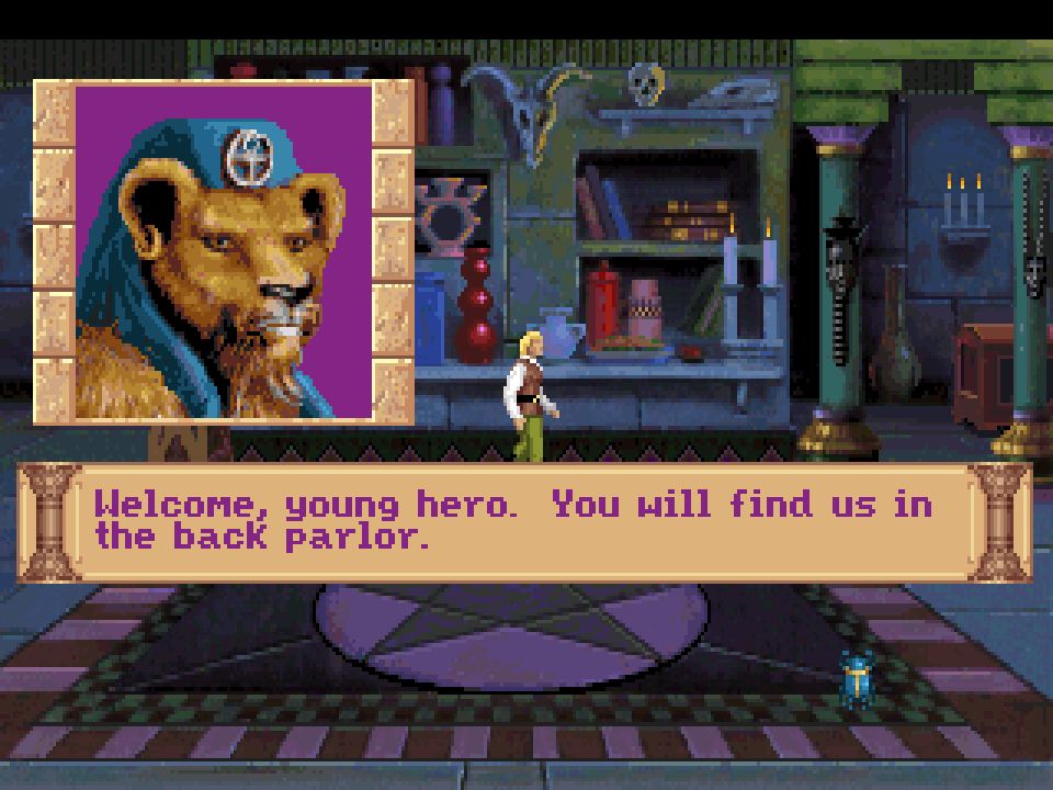 A screenshot from a point-and-click adventure game. Kreesha, a liontaur, says from offscreen, "Welcome, young hero. You will find us in the back parlor."