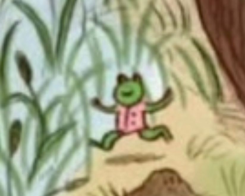 Ein kleiner Frosch in rosa Hemd rennt auf das Wasser zu