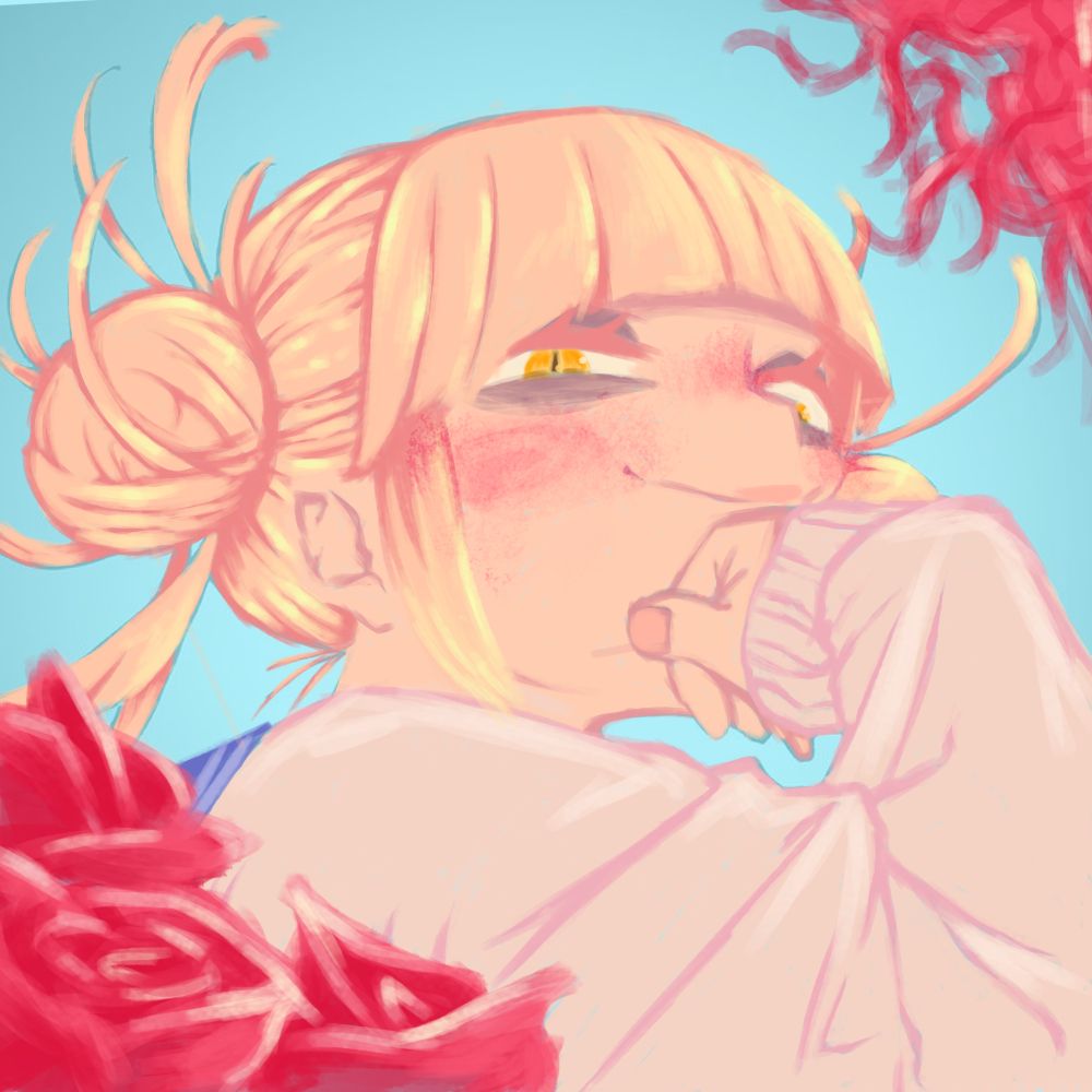 Himiko toga; a girl slightly blushing with hazel orange cat eyes and blonde messy hair tied into buns onto the sides of her head, she is leaning slightly forward and resting her head upon her hand while smiling in a sly way