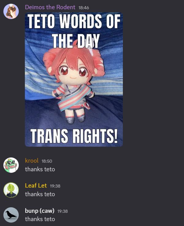 Deimos the Rodent posts an image of an anime plush with a trans flag around their body, saying "Teto words of the day - trans rights!". krool, Leaf Let and bump (caw) all respond "thanks teto".