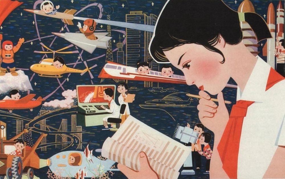 vieille image de propagande mao en mode dessin, on voit une jeune femme de profil plongée dans un bouquin en premier plan. derrière on retrouve tout un tas de métiers liés à la science, des gens en fusée, avion, train, une ville, un cosmonaute, des gens en laboratoire