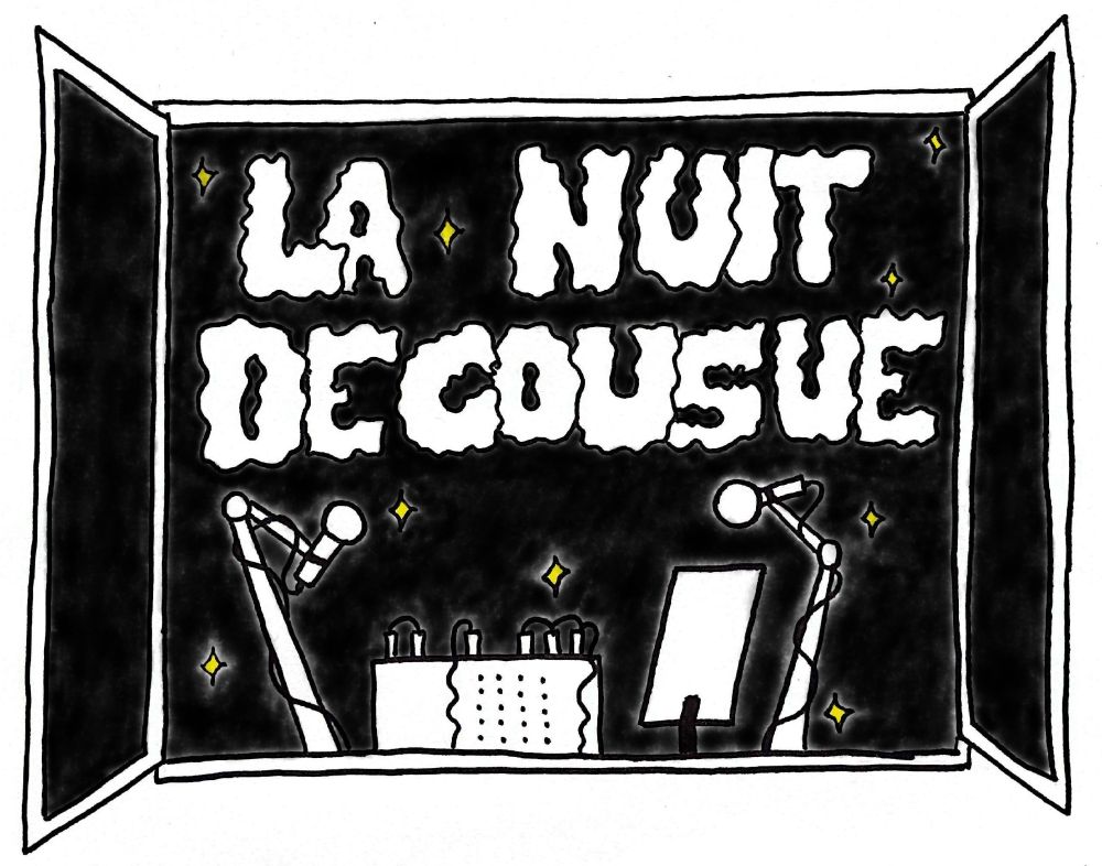 dessin d'une fenêtre de studio radio qui donne dans la nuit. se dégagent un titre : " la nuit décousue"