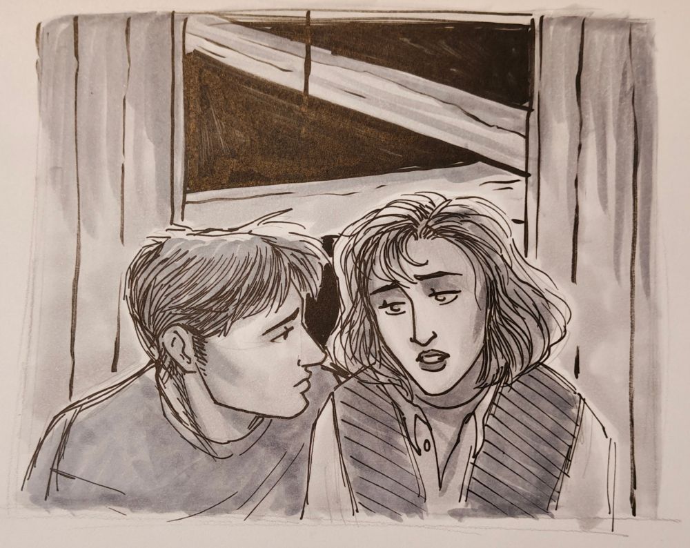 Mulder and Scully sit closely while she talks