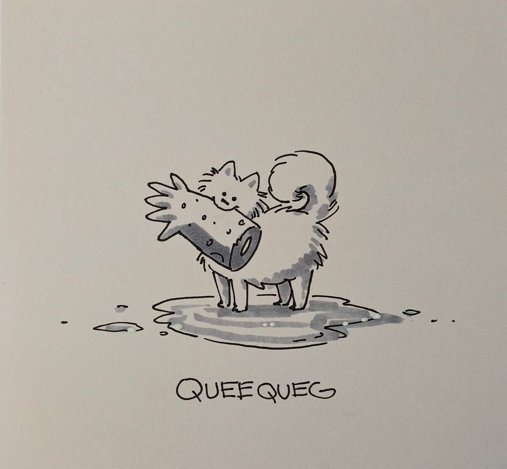 Ink drawing of a small Pomeranian dog holding a monster hand in its mouth