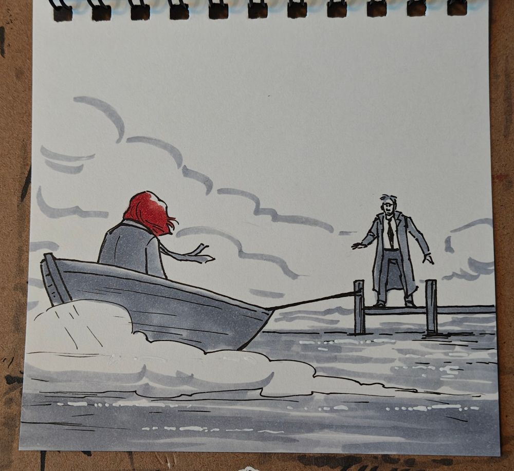 Ink sketch of Scully sitting in a small boat tethered to a dock. Mulder stands on the dock reaching out to the boat