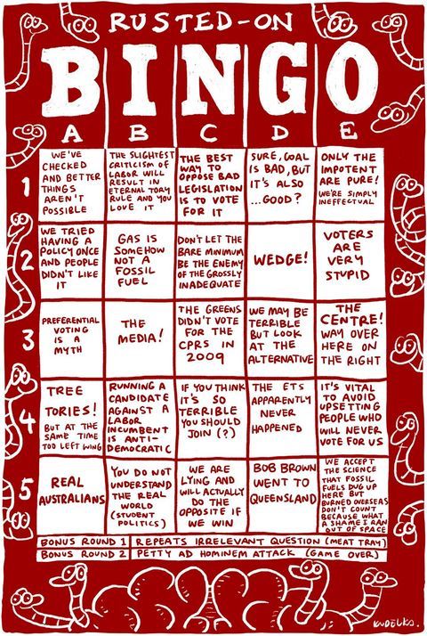 Please screen-read the text. It's Jon Kudelka's Rusted-on Bingo tea towel.