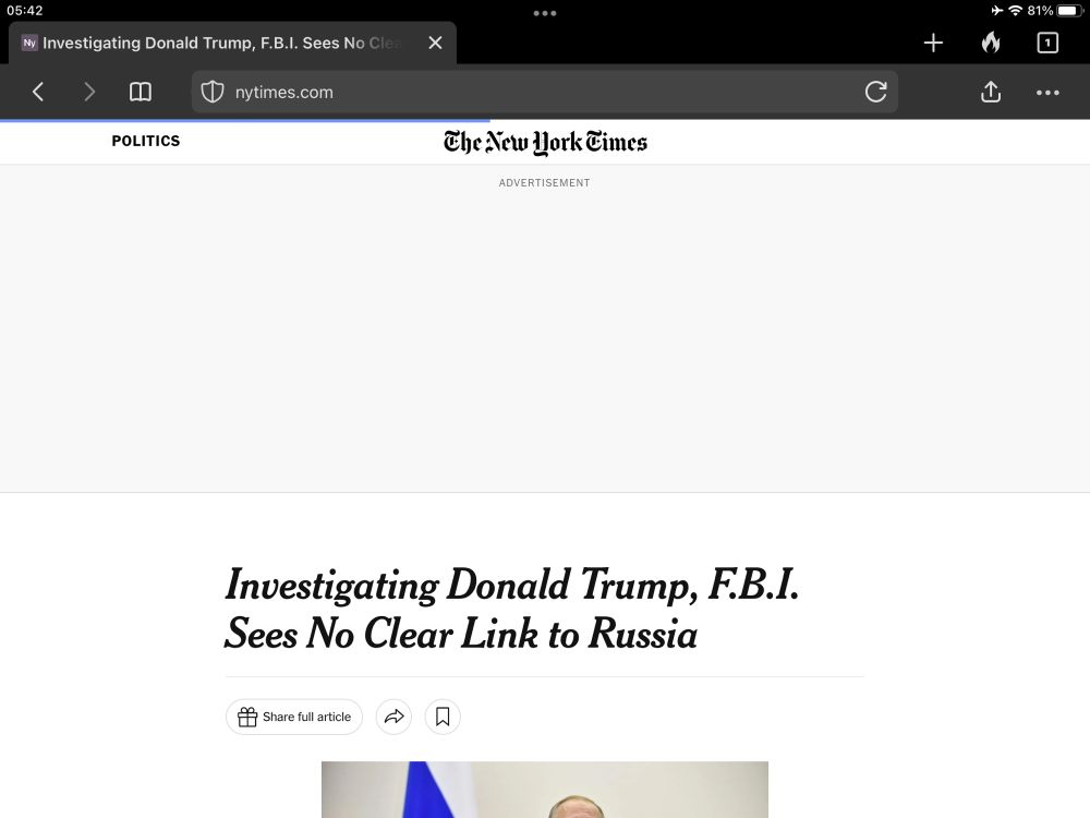 New York Times article published days before the 2016 election
“Investigating Donald Trump, F.B.I. Sees No Clear Link to Russia”