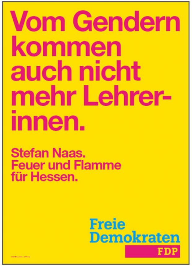 FDP-Plakat mit falscher Silbentrennung: "Vom Gendern kommen auch nicht mehr Lehrer-innen."