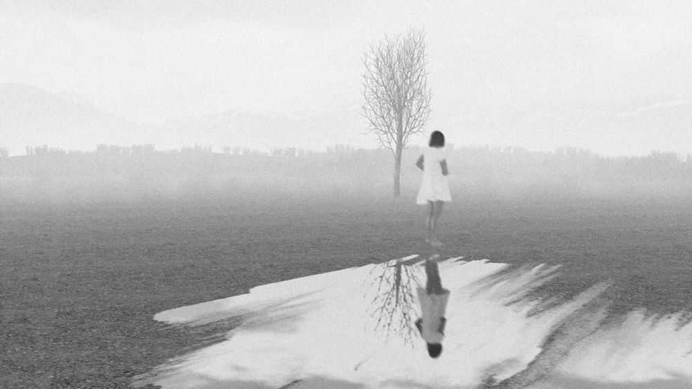 A black and white image of a woman in a short white dress standing, her back to the camera and at some distance, in flat, misty, and fairly barren landscape. In the foreground is a pool of water catching her reflection.