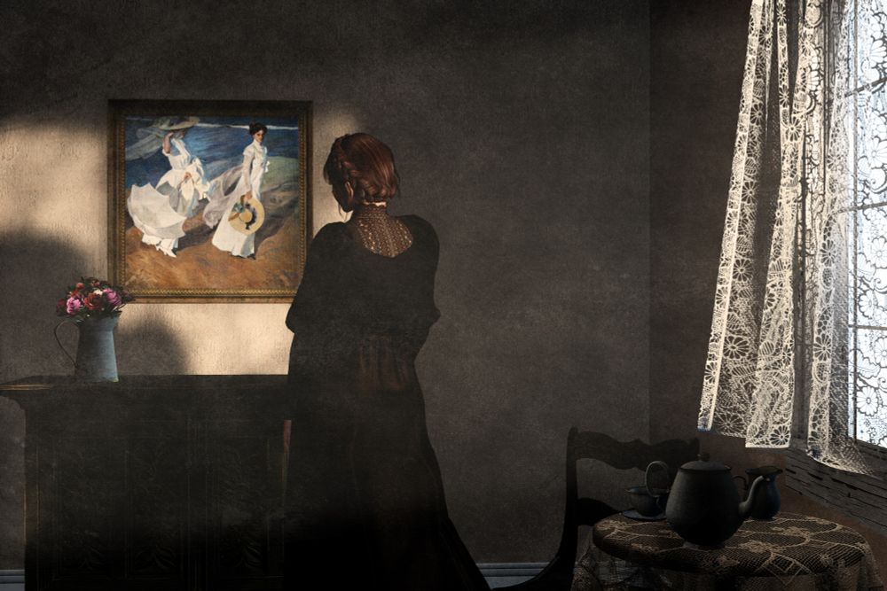 A woman in a dark Edwardian dress stands in a shady room with her back to the viewer. Light from a window behind her illuminates a wall, upon which can be seen a painting of two Edwardian women walking along a beach by the sea; the woman in the image is gazing at this painting. Beneath the window is a small table with lace tablecloth, and a pot and cup of tea.