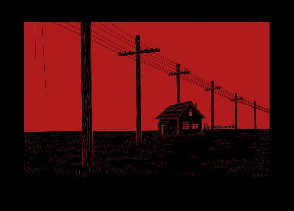 An original illustration of a solitary house in a field, with powerlines receding into the background. Two figures stand behind the house, nearly out of sight
