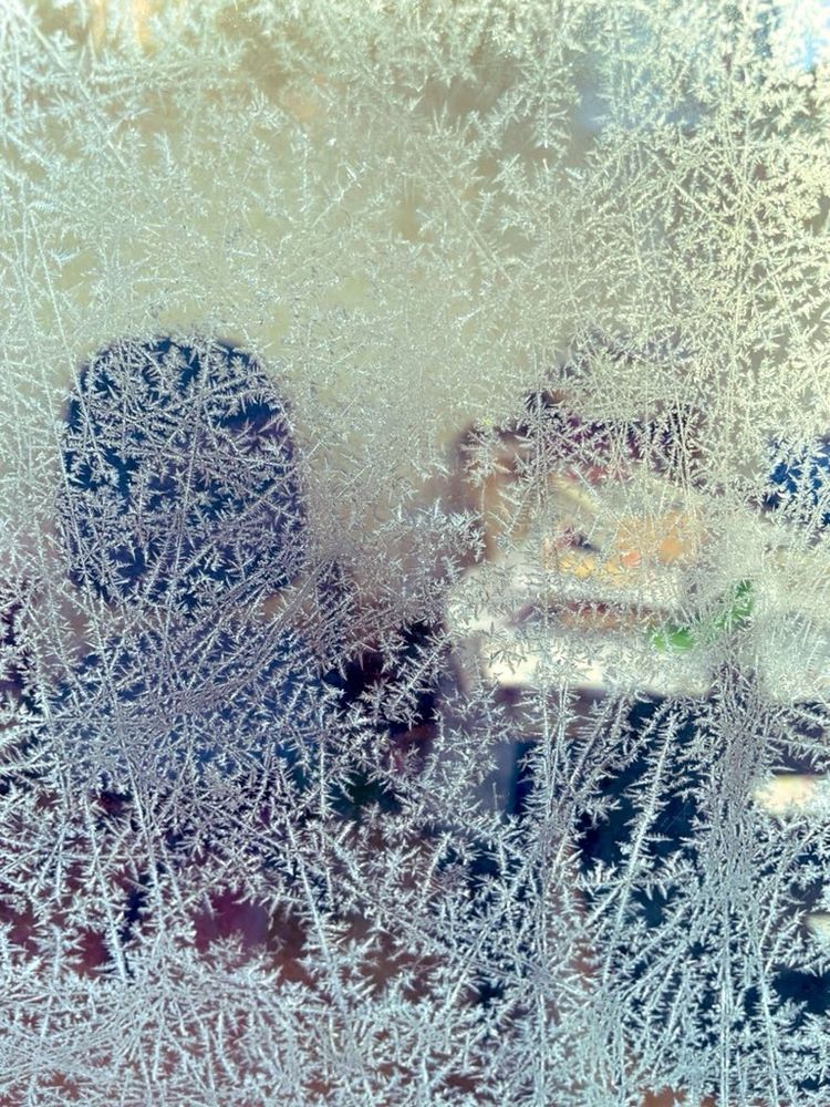 A glass door covered in an icy geometric, accidentally very beautiful, design. In the background you can just about make out the shape of an office chair and a pile of books.