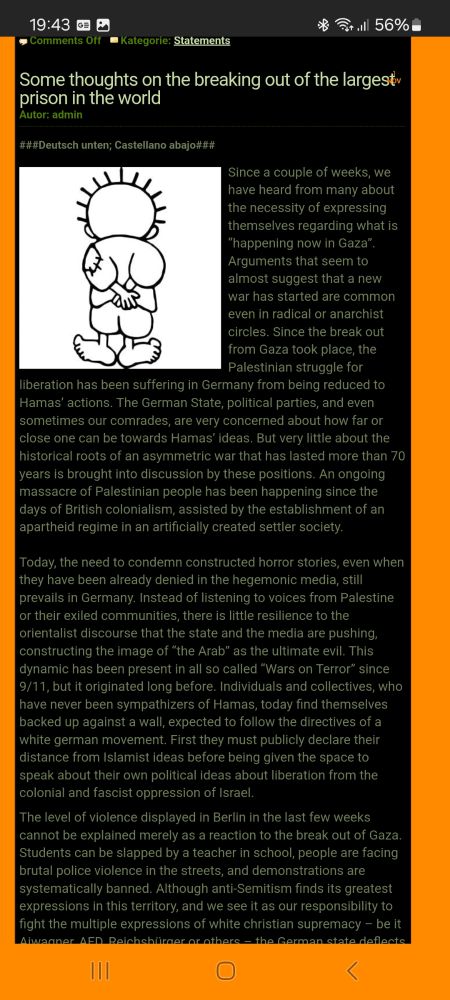 Ein Screenshot von der Blogseite der Rigaer 94. Der barbarische Überfall auf israelische Menschen durch die Hamas vom 7. Oktober 2023 wird als Ausbruch aus dem größten Gefängnis der Welt gefeiert.