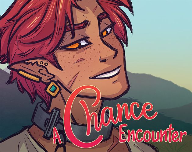 The cover image for "A Chance Encounter," featuring a ginger half-elf with tanned skin, orange eyes, and gold and lapis earrings looking at the viewer and smiling a little smugly. He has a metal shackle-like collar locked around his neck. 
