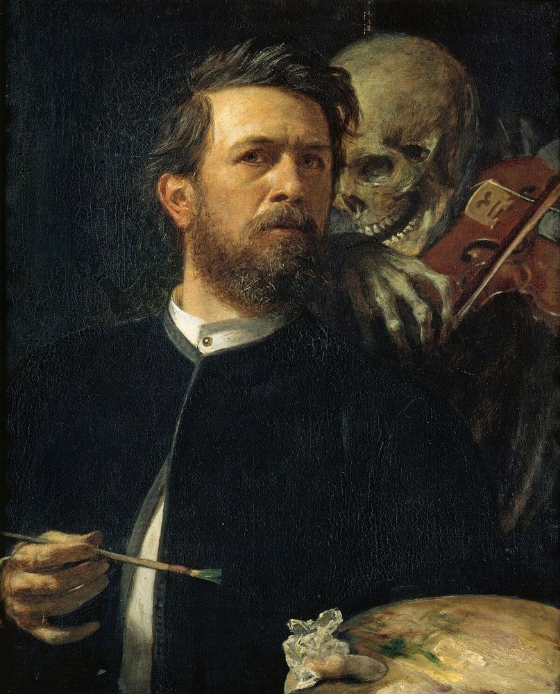 A light-skinned person painting whilst Death stands to their left, playing a violin uncomfortably close