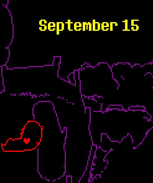 There's a buch of shapes, lines with deltarune's purple, and a red outlined person, laying on something, as a red heart pops in front