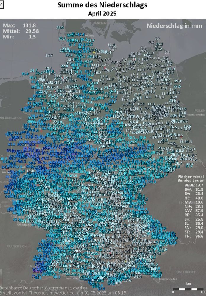 Darstellung der aufsummierten Niederschlagsmengen 🌧 und der jeweilige Prozent zum langjährigen Mittelwert für April 2025.
Fast flächendeckend zu trocken, nur in Teilen von West- & Mitteldeutschland "normal".
Insb. der Nordosten  & Niederbayern krass unterdurchschnittlich.