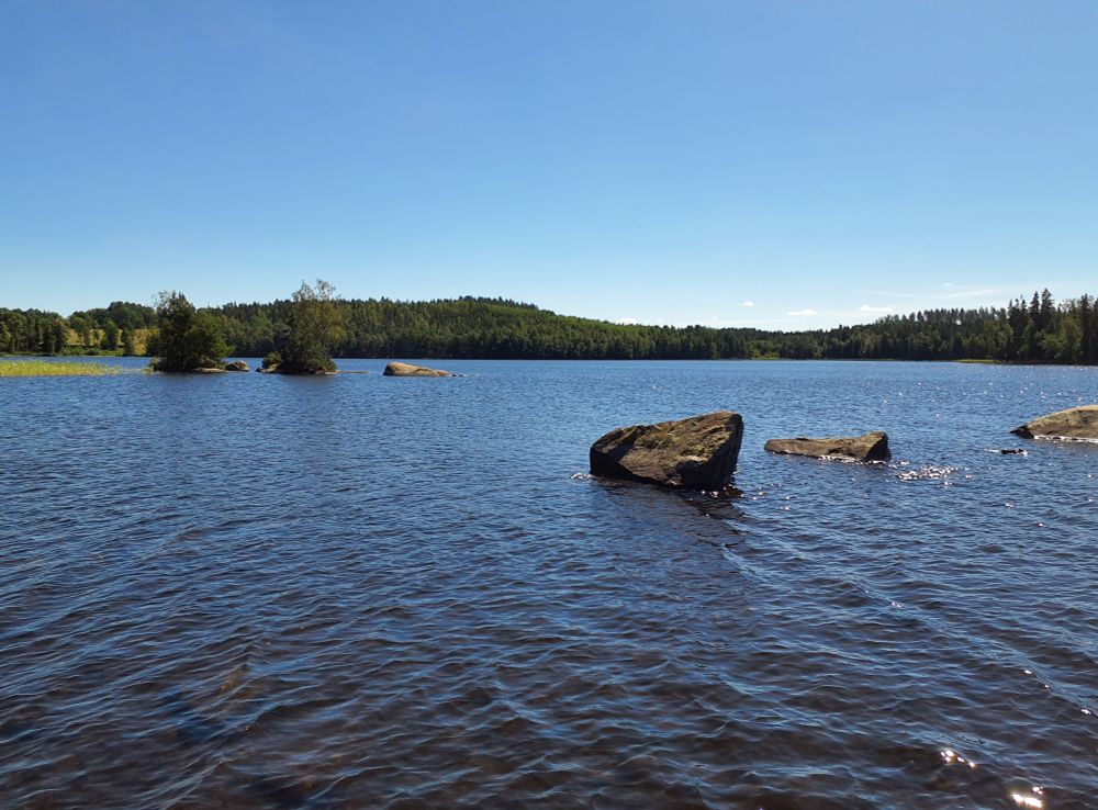 Foto von einem See, aus dem Felsen ragen. Im Hintergrund Wald.