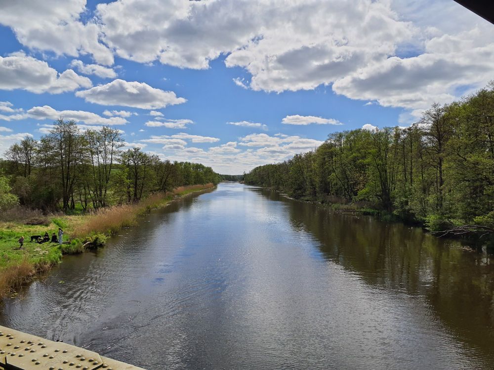 Foto der Warnow, gemacht von einer den fLuss querenden Brücke. Darüber blauer Himmel mit Wolken. Links und Rechts frühlingsgrüne Erlenwälder.