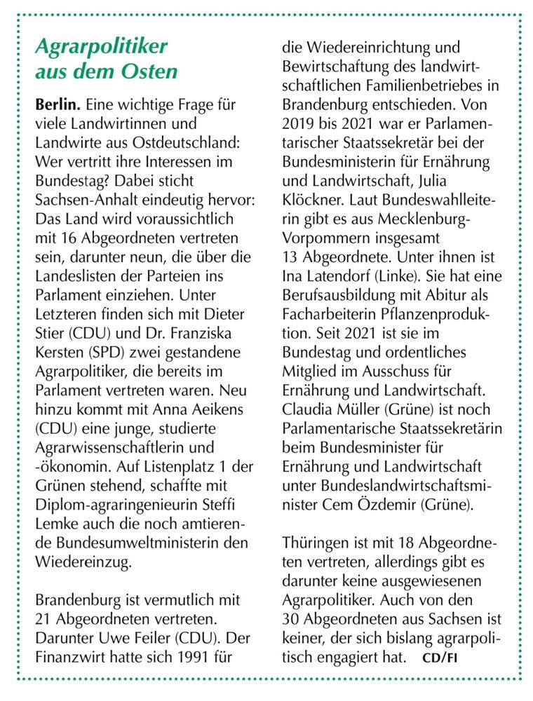 Schnelle Übersicht der ostdeutschen Fachpolitiker:innen im Themenbereich #Landwirtschaft 🚜 im neuen Bundestag aus der Bauernzeitung