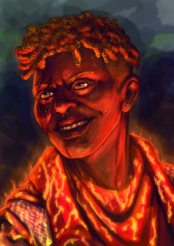 A portrain of a black woman with short finger twists hair. She looks to be on magical fire which doesn't hurt her.