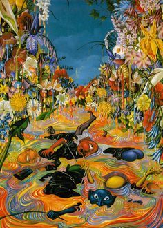 A second illustration from The Rainbow Goblins. After the flowers have hidden the colors of the rainbow, they release them all at once to drown the rainbow goblins who have been eating the rainbows. A profusion of flowers drip color into a swirling psychedelic pool in which the goblins are drowning in a very old church illustration sort of manner.