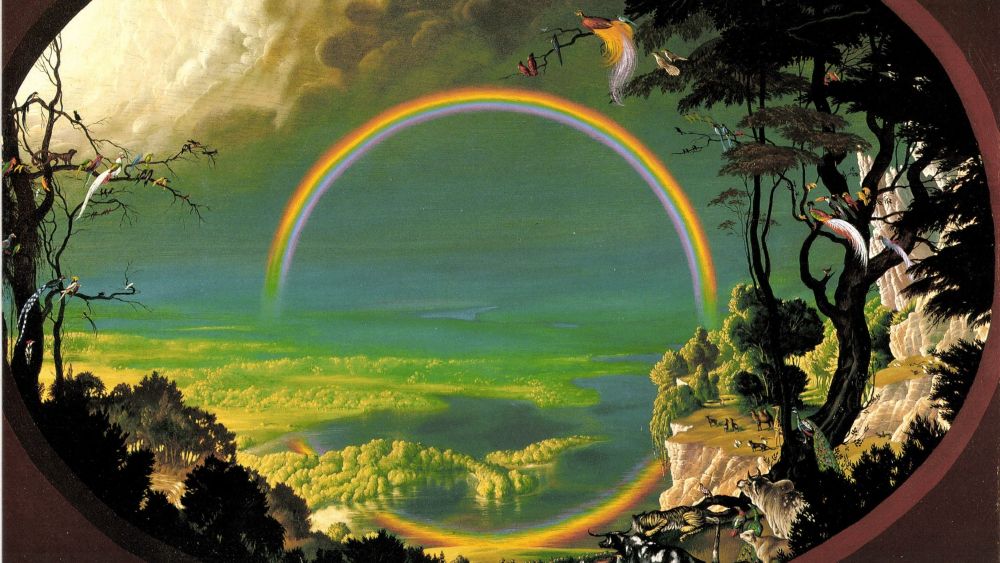 A gorgeous painting of a ring rainbow over/in a richly detailed forestscape in the best of 70's style. Painted by Count de Rico, for the book The Rainbow Goblins which he also authored. 