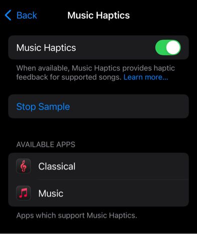 Screenshot of the Music Haptics page within iPhone Accessibilty settings. 
