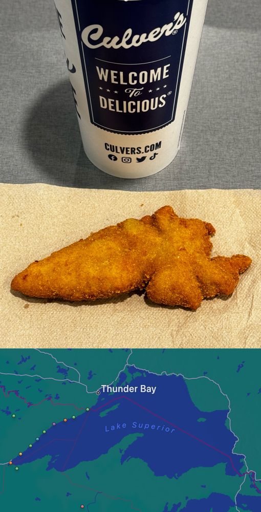Three part image featuring a Culver’s soda cup, a chicken tender in the shape of Lake Superior and a map of Lake Superior. 