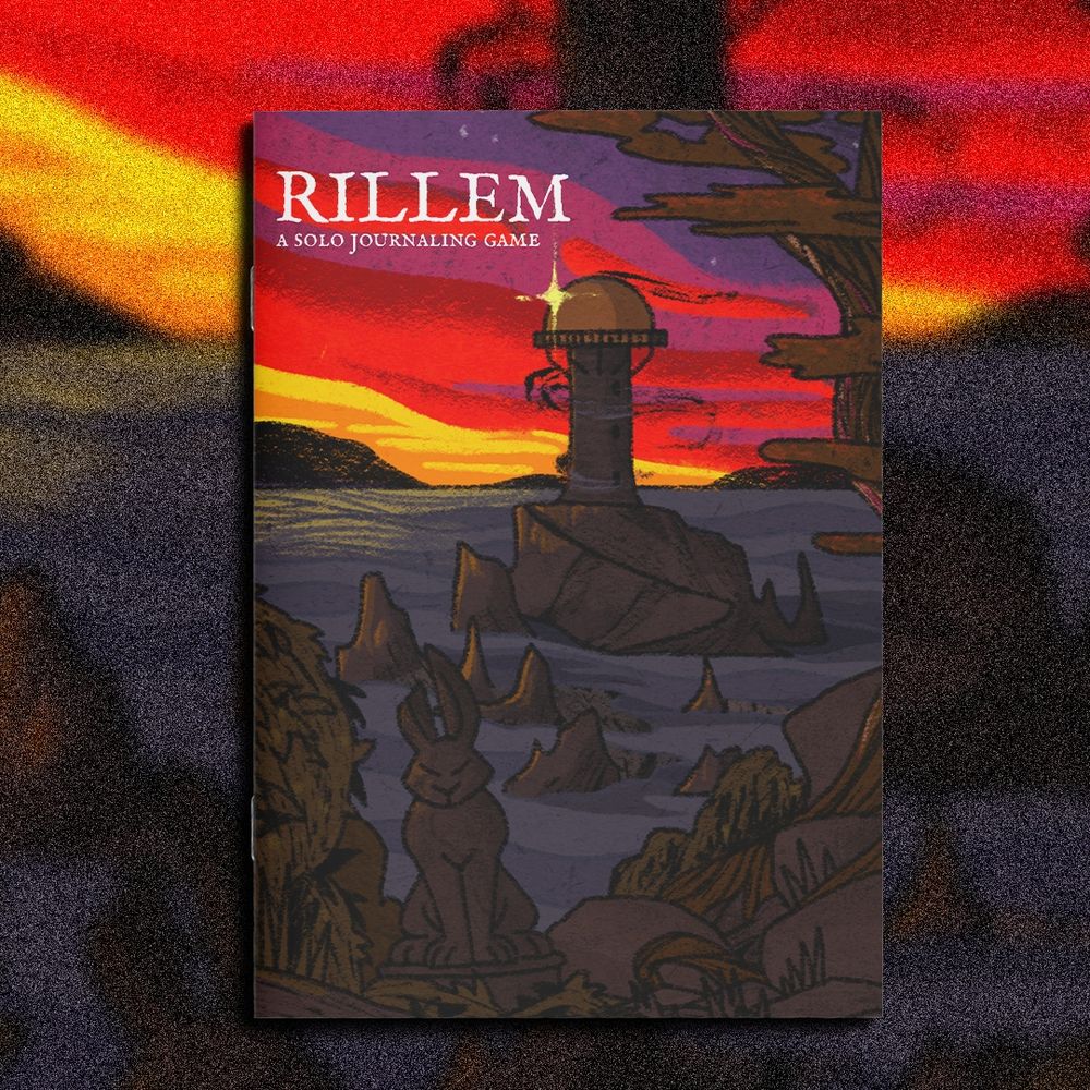 The same cover, now a full view of a sunset Island with a broken rabbit statue, with a domed tower glinting in the mist.