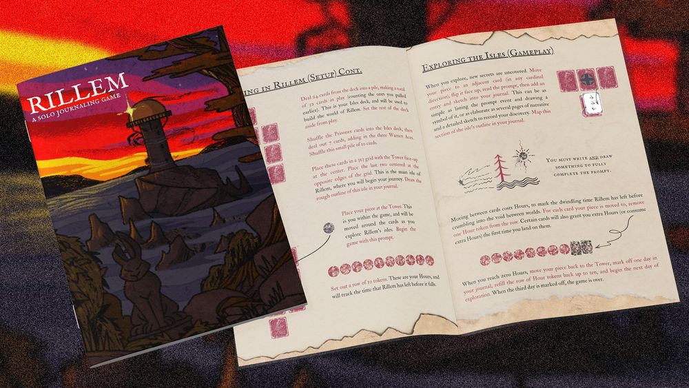 A render of the open zine, showing inside art and rules for playing Rillem