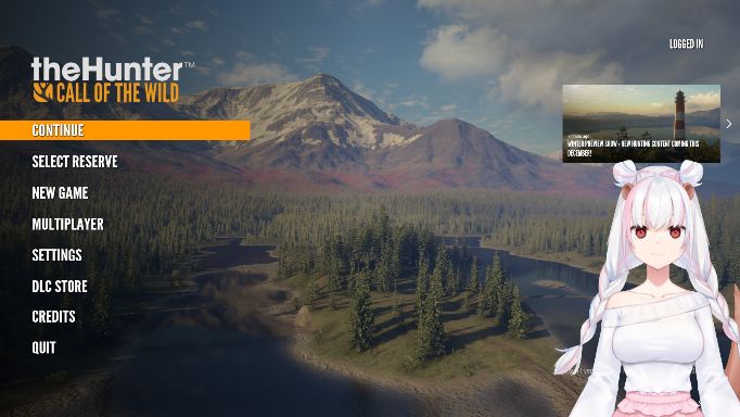 VTuber girl with otter ears and otter tail in front of main menu screen for Hunter: Call of the Wild which includes a scene of a lake and forest in front of mountains.