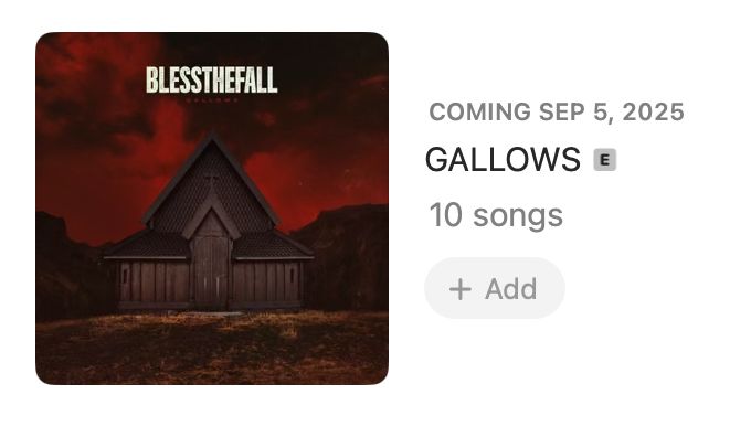 Screenshot of blessthefall's forthcoming GALLOWS album coming on September 5, 2025 