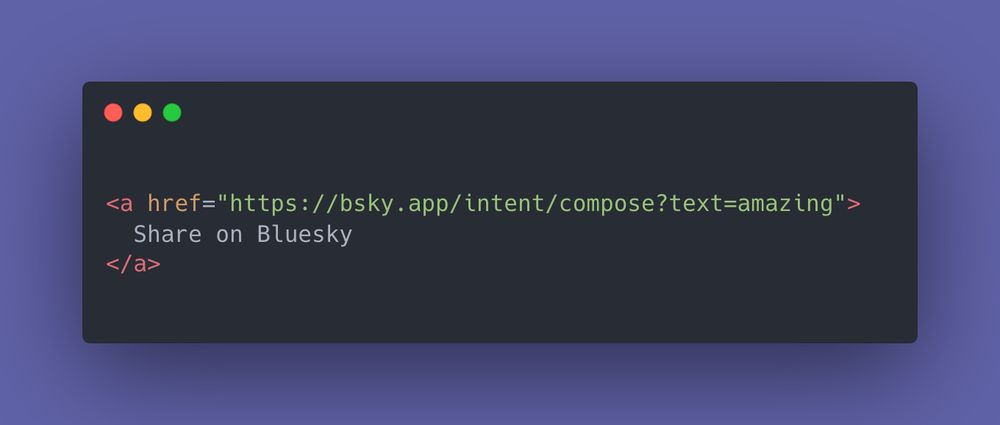 <a href="https://bsky.app/intent/compose?text=amazing">
  Share on Bluesky
</a>