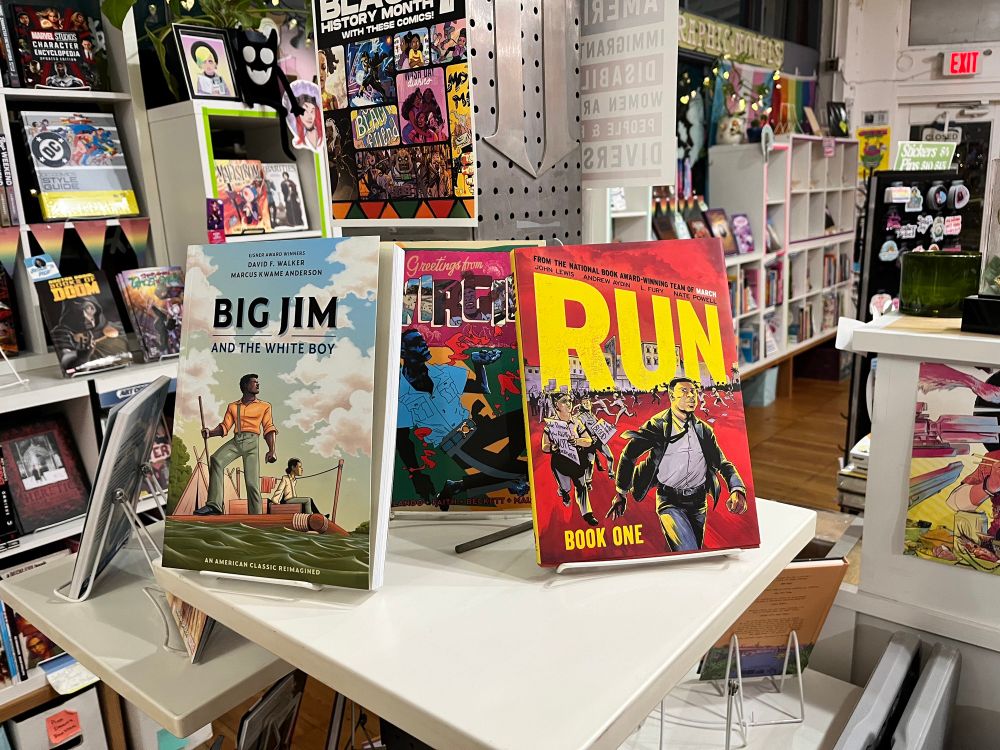 A bookstore shelf displaying Big Jim and the White Boy, Virgil, and Run