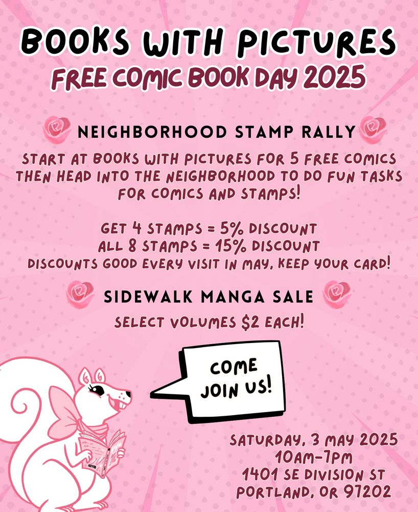 A pink marketing graphic with text matching the post text. A pink squirrel wearing a pink bow and reading a comic book has a word bubble that says "come join us!"