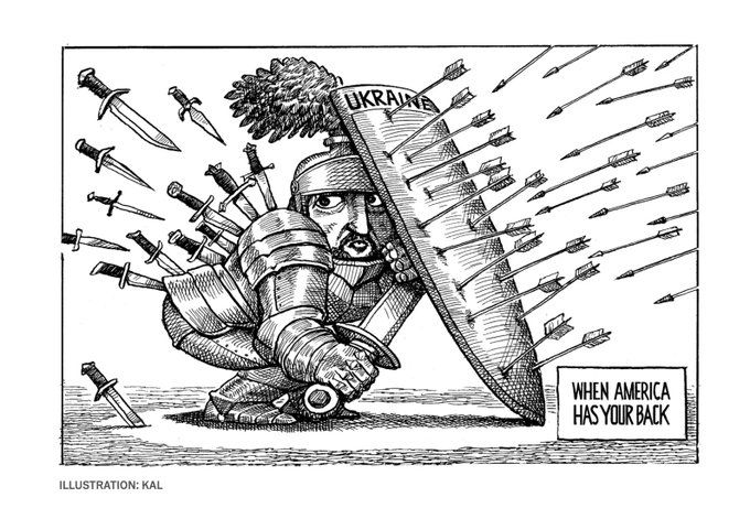 Un tipo con armadura y un escudo que pone "Ucrania" usa el escudo para parar unas flechas que le vienen de frente, sin embargo por la espalda le están lanzando puñales que se le clavan.
Un cartel explica: "Cuando América te cubre las espaldas".