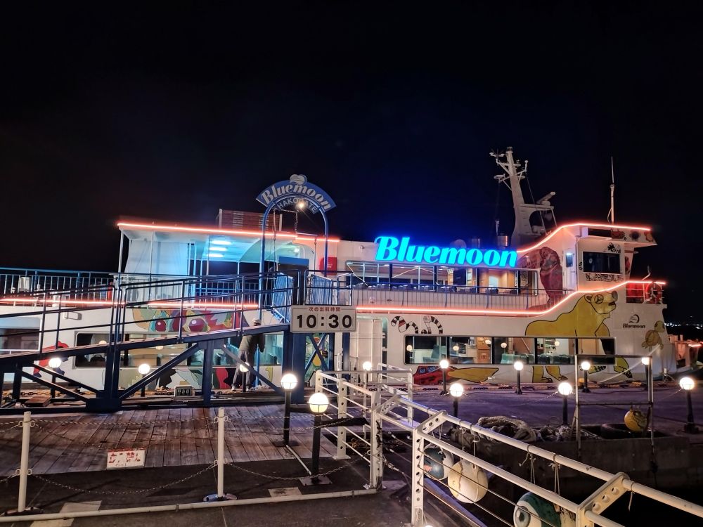 夜の港に停泊する観光船「Bluemoon」。船体にはカラフルなイラストが描かれ、青いネオンサインが光っている。乗船口に「10:30 次の出航時間」と表示。