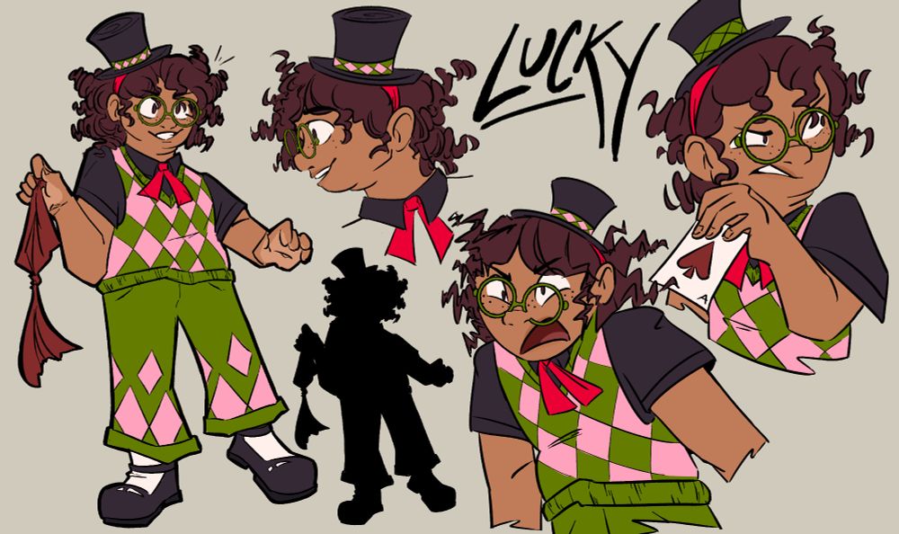 Character design sheet of Lucky, a shorter, stocky girl with curly brown hair, circular green glasses, and a knit vest and pants patterned in green and pink diamonds. She is wearing a headband with a top hat on it, a red necktie, and holding a red kerchief.