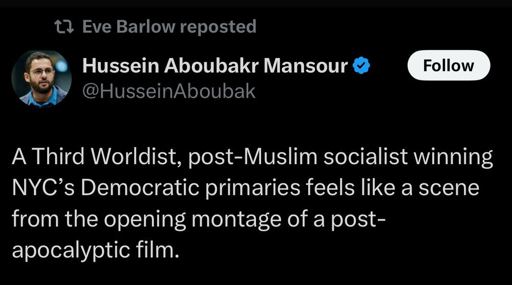 Eve Barlow reposted

Hussein Aboubakr Mansour 
@HusseinAboubak

A Third Worldist, post-Muslim socialist winning NYC's Democratic primaries feels like a scene from the opening montage of a post-apocalyptic film.