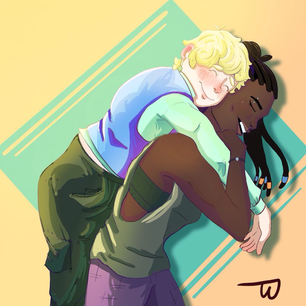 Two characters, one hugging the other from behind in an affectionate way 