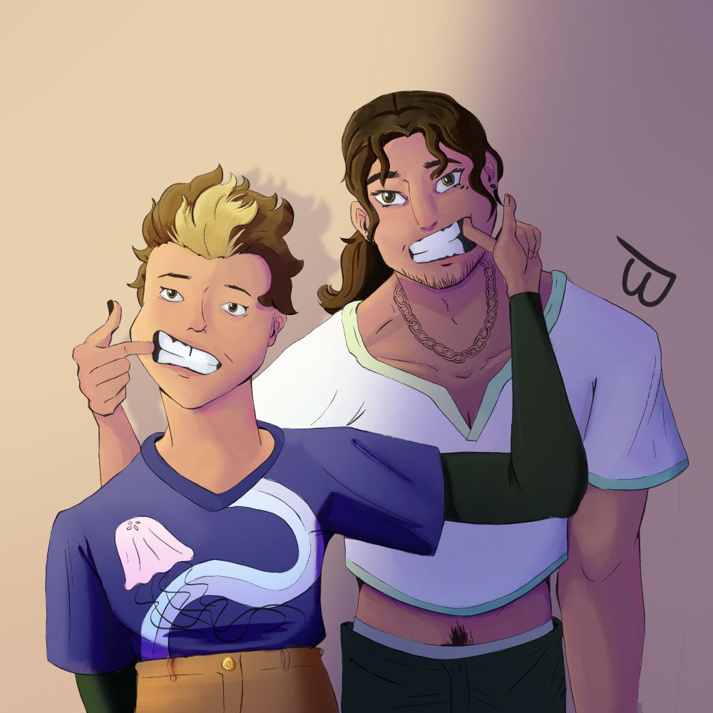 Two characters side by side, they’re sticking a finger in each other’s mouth. Sibling type vibe. One is wearing dark clothes and the other lighter clothes 