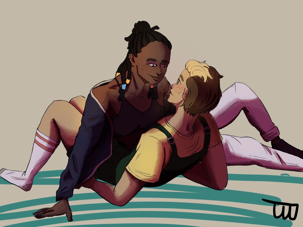 Two people intertwined gazing lovingly at each other. They’re lesbians, your honour 