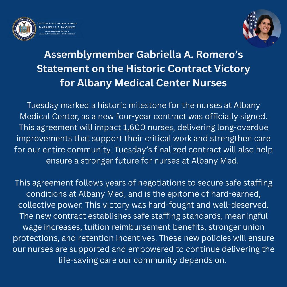 Nurses are the backbone of our healthcare system and have long been at the forefront of advocating for meaningful change in the workplace. This ratification marks a historic victory in the ongoing efforts to strengthen the future of Albany Medical Center. Congratulations to the nurses who fought tirelessly for safer working conditions and to @ NYSNA for their unwavering advocacy. I remain deeply and unwaveringly committed to supporting our nurses and advancing patient safety and workplace fairness. 