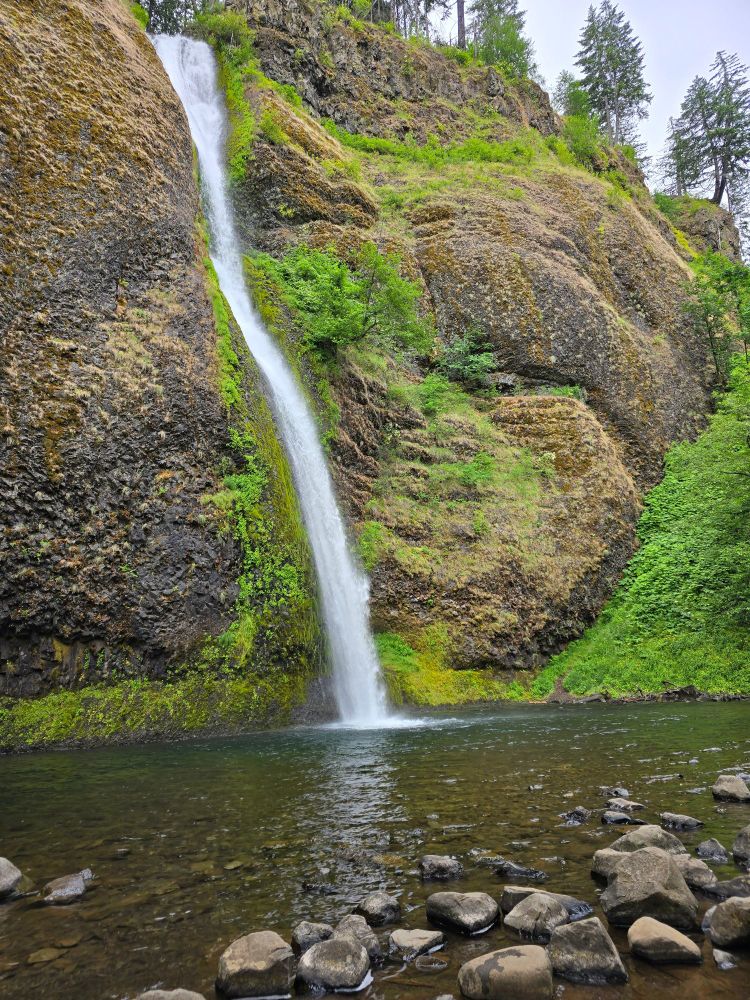 Photo of a waterfall, cascading down mossy rocks into a pond