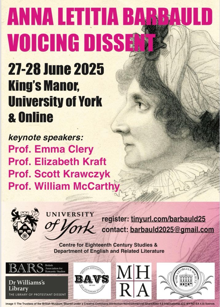 Anna Letitia Barbauld Voicing Dissent conference poster featuring keynote speakers, sponsors and the conference webpage tinyurl.com/barbauld2025