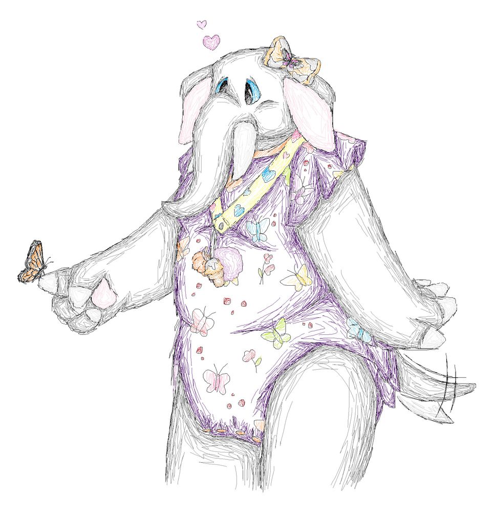 A colored sketch of Toby wearing the same onesie, hairclip and lanyard in the picture before. He is holding a Monarch butterfly on his finger and has pink and lavender hearts above him and is wagging his tail