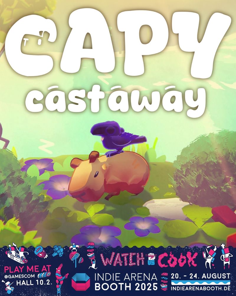The key art for the indie game Capy Castaway, with the name in white at the top center and in the middle is a brown capybara asleep with a sleeping crow on top. They're lying in a grass field with purple flowers and at the very bottom is the promotional border for Indie Arena booth.