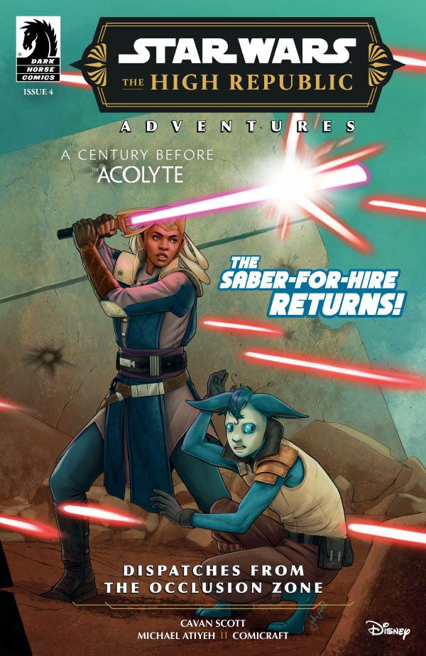 Cover Art for Star Wars High Republic Adventures featuring Jedi-turned-Monster-Hunter, Ty Yorrick and her apprentice Drewen trying to survive a blaster fight.